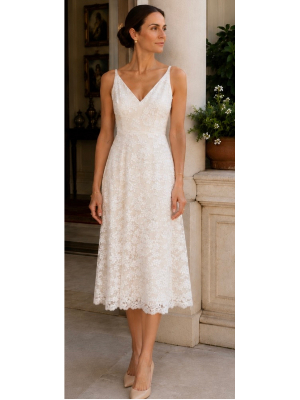 Alex Perry Lace V-Neck Midi Dress, White/Beige, Size 6 New with Tags!